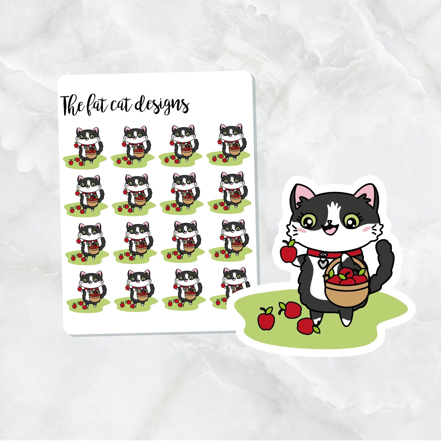 Bud Cat Apple Picking Die Cut and Sticker Sheet Set for Personal Planner Happy Planner Bullet Journal Travelers Notebooks