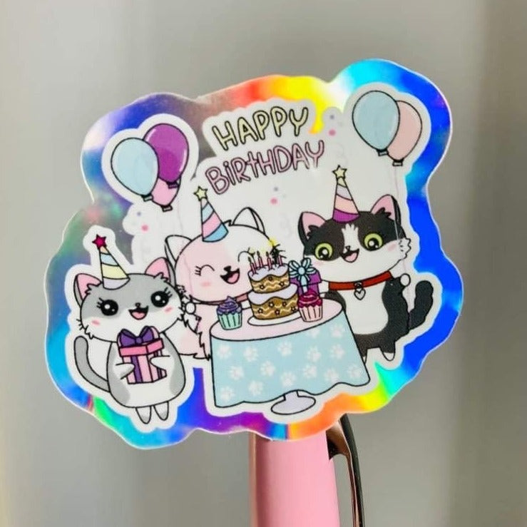 Flora's Birthday Bash Holographic Vinyl Cat Decal Die Cut Sticker