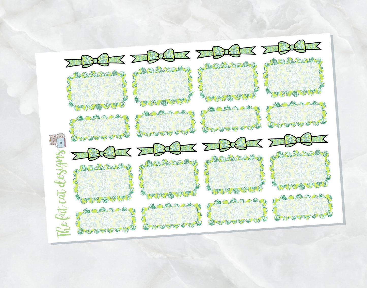 Green Swirl Bow Headers and Scalloped Box Stickers for Happy Planner Travelers Notebooks Plum Paper
