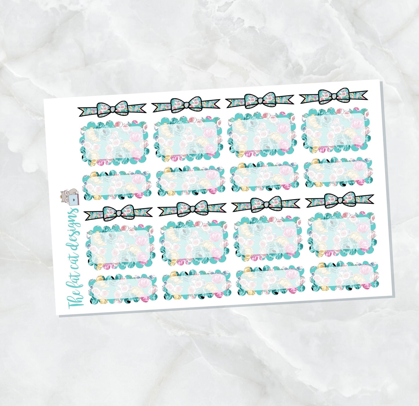 Teal Floral Bow Headers and Scalloped Box Stickers for Happy Planner Travelers Notebooks Plum Paper