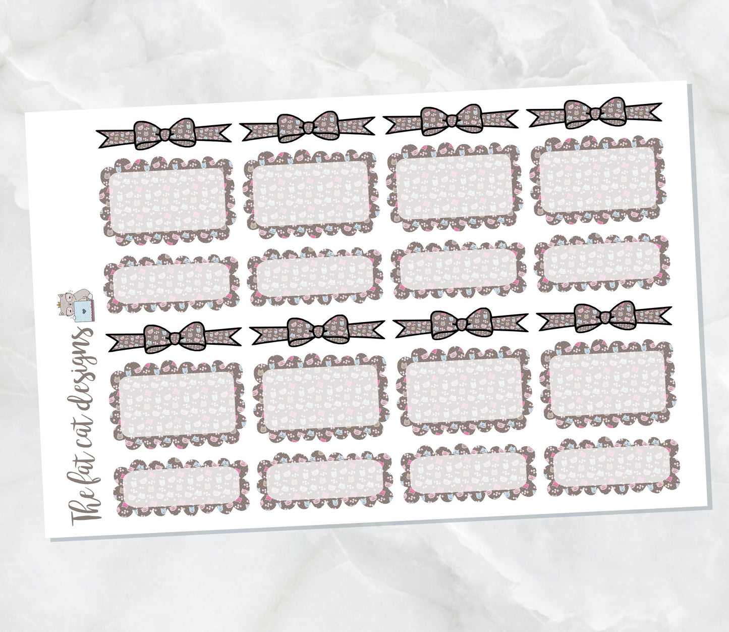 Neutral Cats Bow Headers and Scalloped Box Stickers for Happy Planner Travelers Notebooks Plum Paper