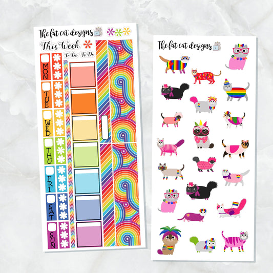 Rainbow Bright Pride Cats Groovy Colors Planner Stickers for the Hobonichi Weeks