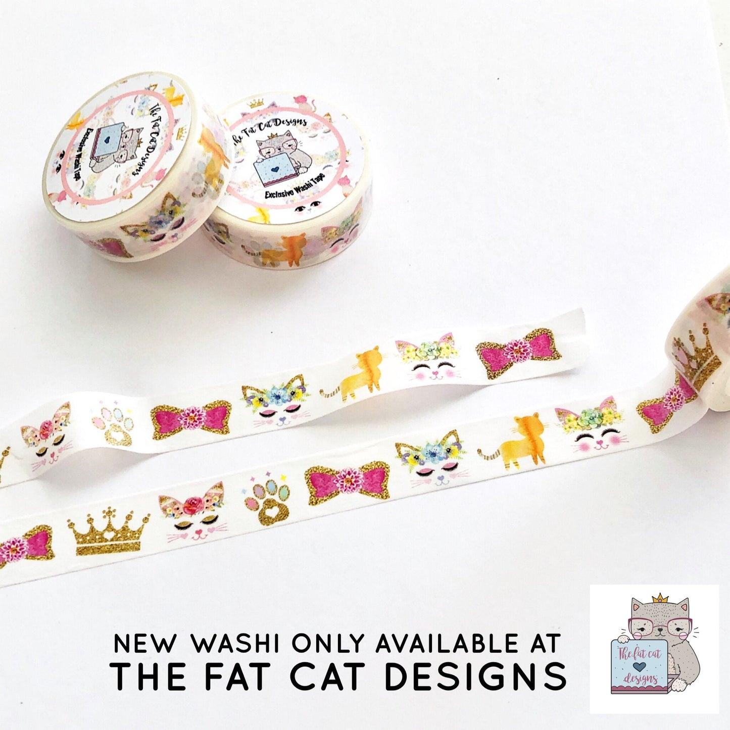 Cute Cat Faces Crowns Bows Exclusive Washi Tape for Happy Planner Recollections Plum Paper Travelers Notebooks Hobonichi Weeks