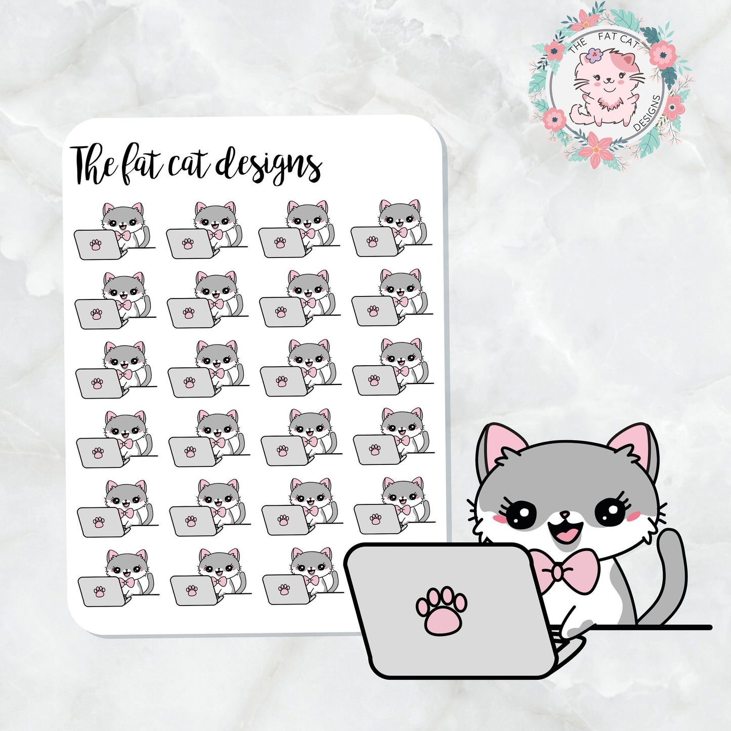 Lily works on laptop Exclusive Cat Die Cut and Sticker Sheet Set for  Happy planner travelers notebook Bullet Journal Hobonichi
