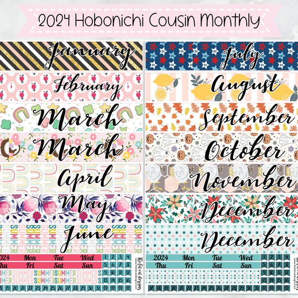 2024 Monthly Planner Stickers for the Hobonichi Cousin or A5 Day Free