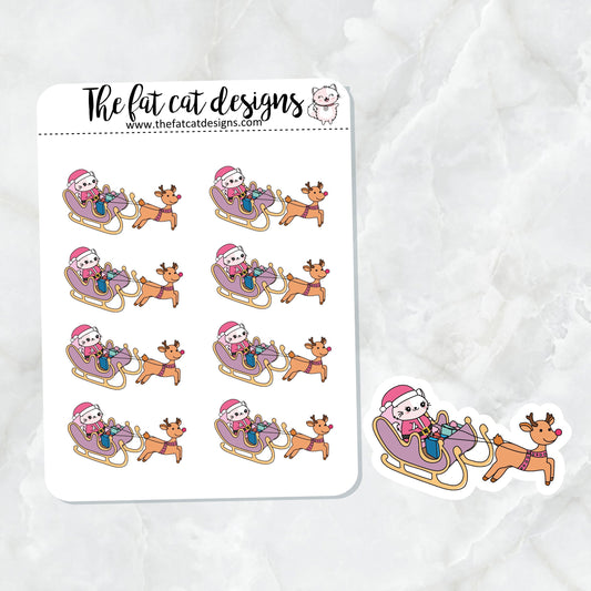 Flora flying her sleigh Christmas Exclusive Cat Die Cut Sticker Sheet