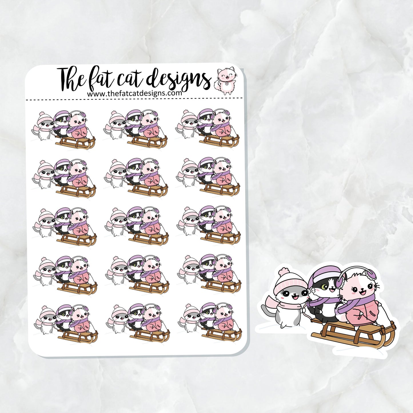 Flora Lily and Bud go Snow Sledding Exclusive Cat Die Cut Sticker Sheet