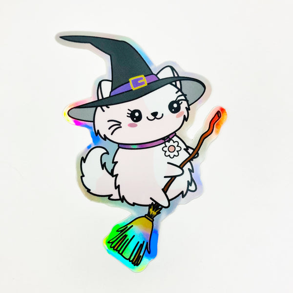 Flora Halloween Witch Holographic Vinyl Cat Decal Die Cut Sticker