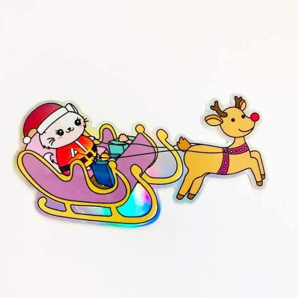 Santa Flora flying her Christmas Sleigh Holographic Vinyl Cat Decal Die Cut Sticker