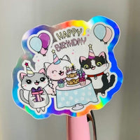 Flora's Birthday Bash Holographic Vinyl Cat Decal Die Cut Sticker