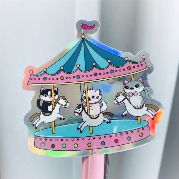Carousel Ride with Flora, Lily and Bud Holographic Vinyl Cat Decal Die Cut Sticker