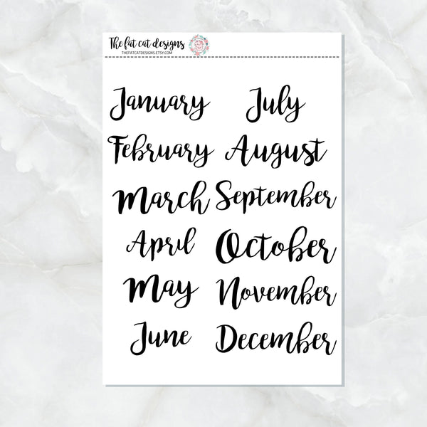 Month Monthly Script lettering Planner Stickers for Erin Condren Happy Planner Printpression Bullet Journals Travelers Notebooks