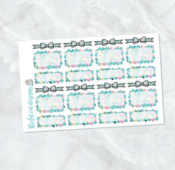 Teal Floral Bow Headers and Scalloped Box Stickers for  Happy Planner Travelers Notebooks Plum Paper