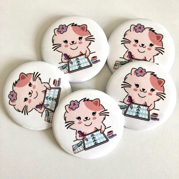 Flora the Cat Plans Button Pins for  Personal Planner Happy Planner Bullet Journal Travelers Notebooks