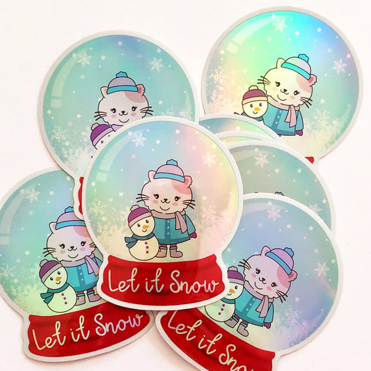 Holographic Flora the Cat Snow Globe Die Cut Sticker