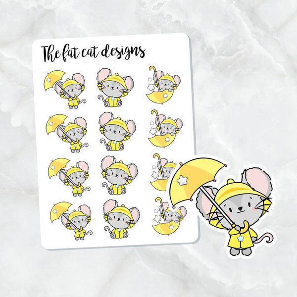 Rainy Day Mouse Spring Weather Die Cut and Sticker Sheet Set for personal planners, notebooks, travelers notebook or Bullet Bujo Journal