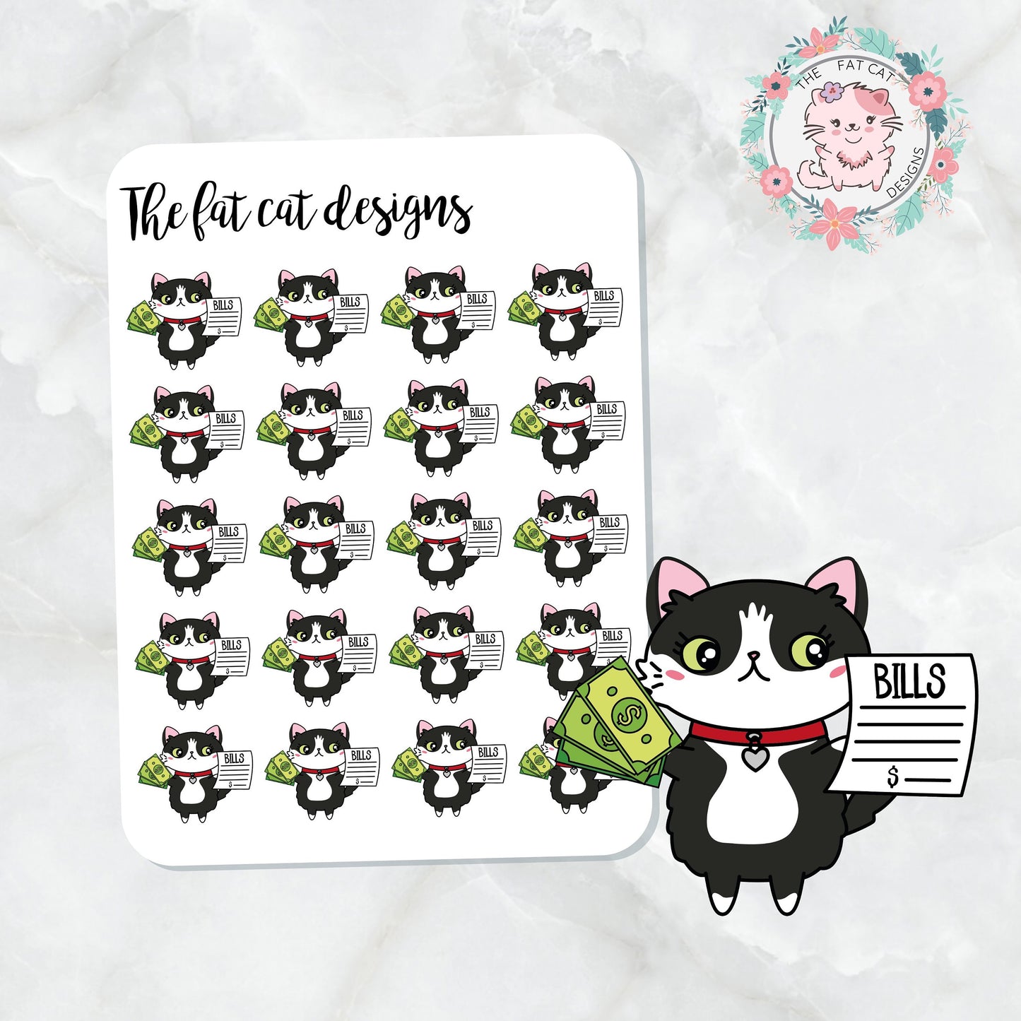 Bud pays the bills Exclusive Cat Die Cut and Sticker Sheet Set for  Happy planner travelers notebook Bullet Journal Hobonichi