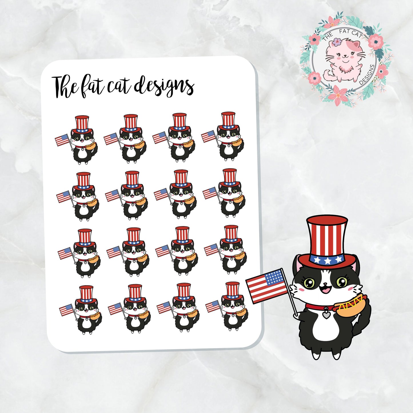 Bud 4th of July Exclusive Cat Die Cut and Sticker Sheet Set for  Happy planner travelers notebook Bullet Journal Hobonichi